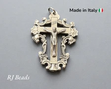 1.75" Silver Oxidized Ornate Rosary Crucifix Cross Charm Pendant - Made in Italy