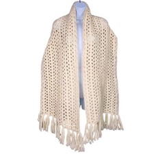Vintage Womens Scarf Off White Handmade 85"x17" Fringed Rectangle Winter
