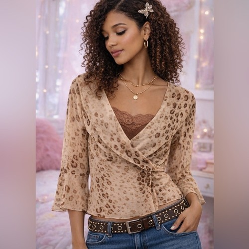 Harold's Vintage Y2K Cheetah Print Silk Bell Sleeve Lace Cami Blouse Size 8