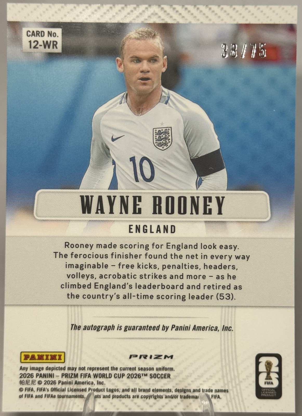 2026 Panini Prizm FIFA World Cup Wayne Rooney Silver Auto /75 England #12-WR view 2