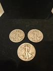Lot of Three Silver Walking Liberty Half Dollars 1941, 42, 43. No Visible Mints
