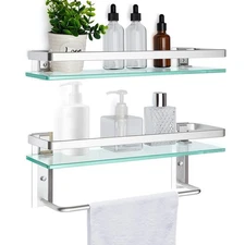 Set of 2 Glass Bathroom Shelf with Towel Bar, 15.7 x 4.72 Inches, Contemporar...