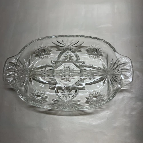 Vintage Anchor Hocking Glass Divided Serving Condiment Dish StarPattern6x10 EAPC