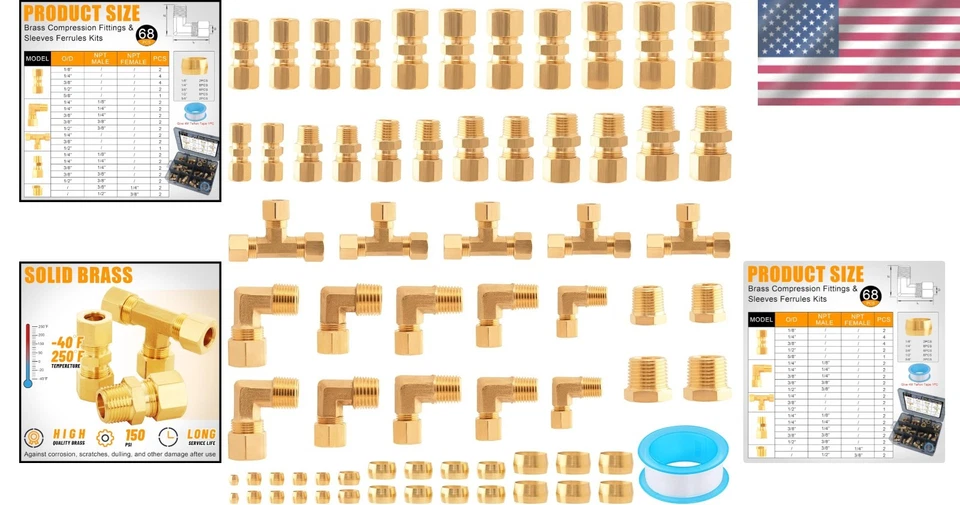 Brass Tube Fittings Kit - 68pcs Union Tee Elbow Connectors - Image 2 of 4