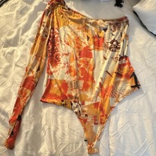 Fashion Nova Bodysuit One Shoulder Abstract Print Orange Yellow Red Size L