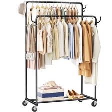 Clothes Rack Rolling Clothing with Double Rods for Hanging Portable Garment