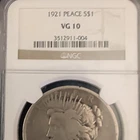 1921 Peace Dollar $1 Silver NGC VG10 Cert#3512911-004 Philadelphia