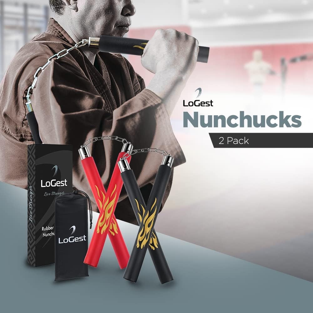 Logest Nunchucks - Pack of 2 with Storage Bag Safe Foam Rubber & Steel Chain Tra