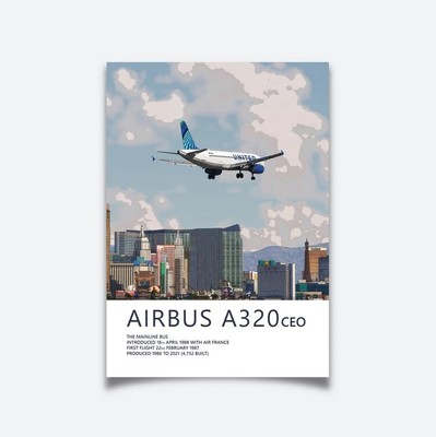 United Airlines Airbus A320 Poster - Las Vegas Skyline - Plane art