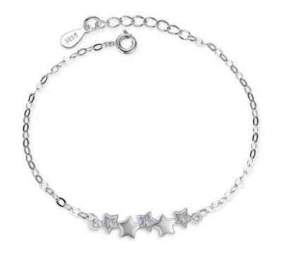 Women s Silver SP 5-Stars Charm Chain Cuff Bangle Bracelet 