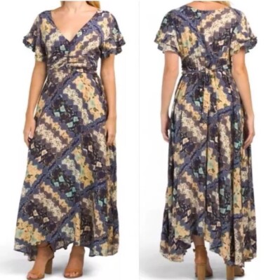 Abel the Label Gandhi Dress Blue Floral Maxi Flutter Sleeve Tie Waist Size M