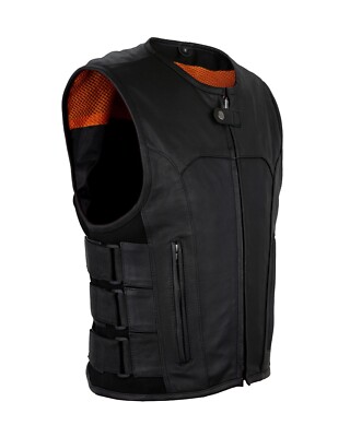 Men's black Leather Motorcycle Bullet Proof Style Side Straps Leather CLUB VEST 
