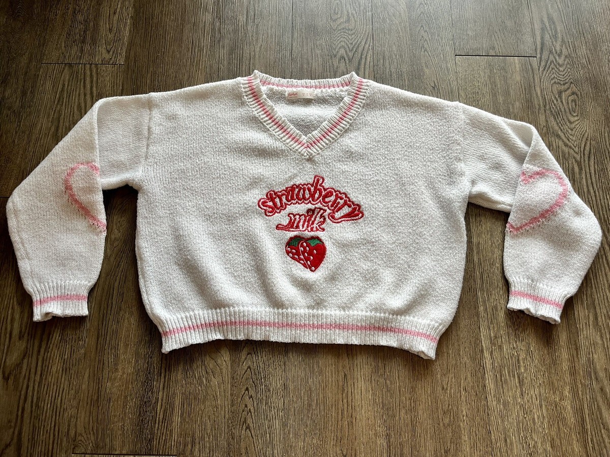 Kawaii Romwe Jumpers Romwe STRAWBERRY MILK Embroidered