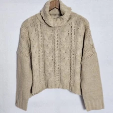 Love Tree Sweater Turtleneck Cable Knit Cropped Cream Pullover Womens Size M