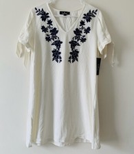 NWT Lulus Ambrosia Navy Blue & Cream  Embroidered Tie-Sleeve Dress Size Small