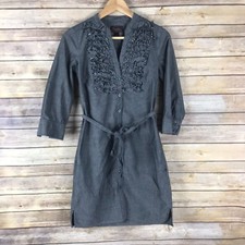 Trulli Dress Womens 2 Gray Chambray Shirt Cotton Button-Up Belted 3/4 Sleeve