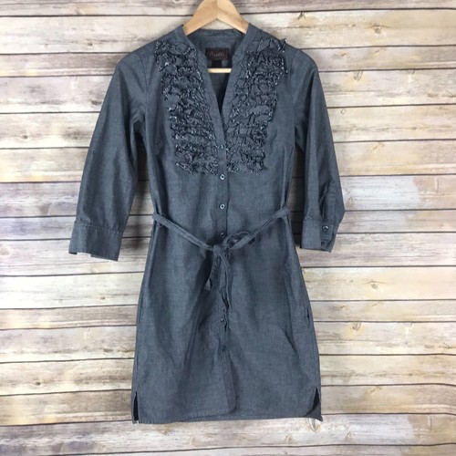 Trulli Dress Womens 2 Gray Chambray Shirt Cotton Button-Up Belted 3/4 Sleeve