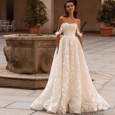 Elegant Off Shoulder Strapless Wedding Dresses A-line Lace 3D Flowers Gowns