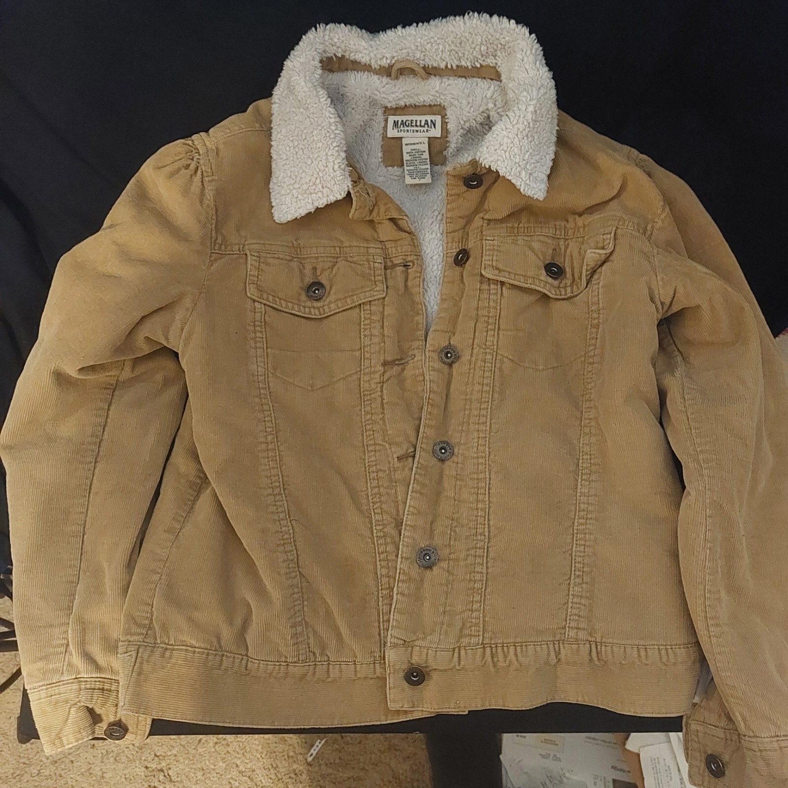 Magellan Button Up Tan Beige 100% Cotton Body Fur Women's Jacket Coat Large