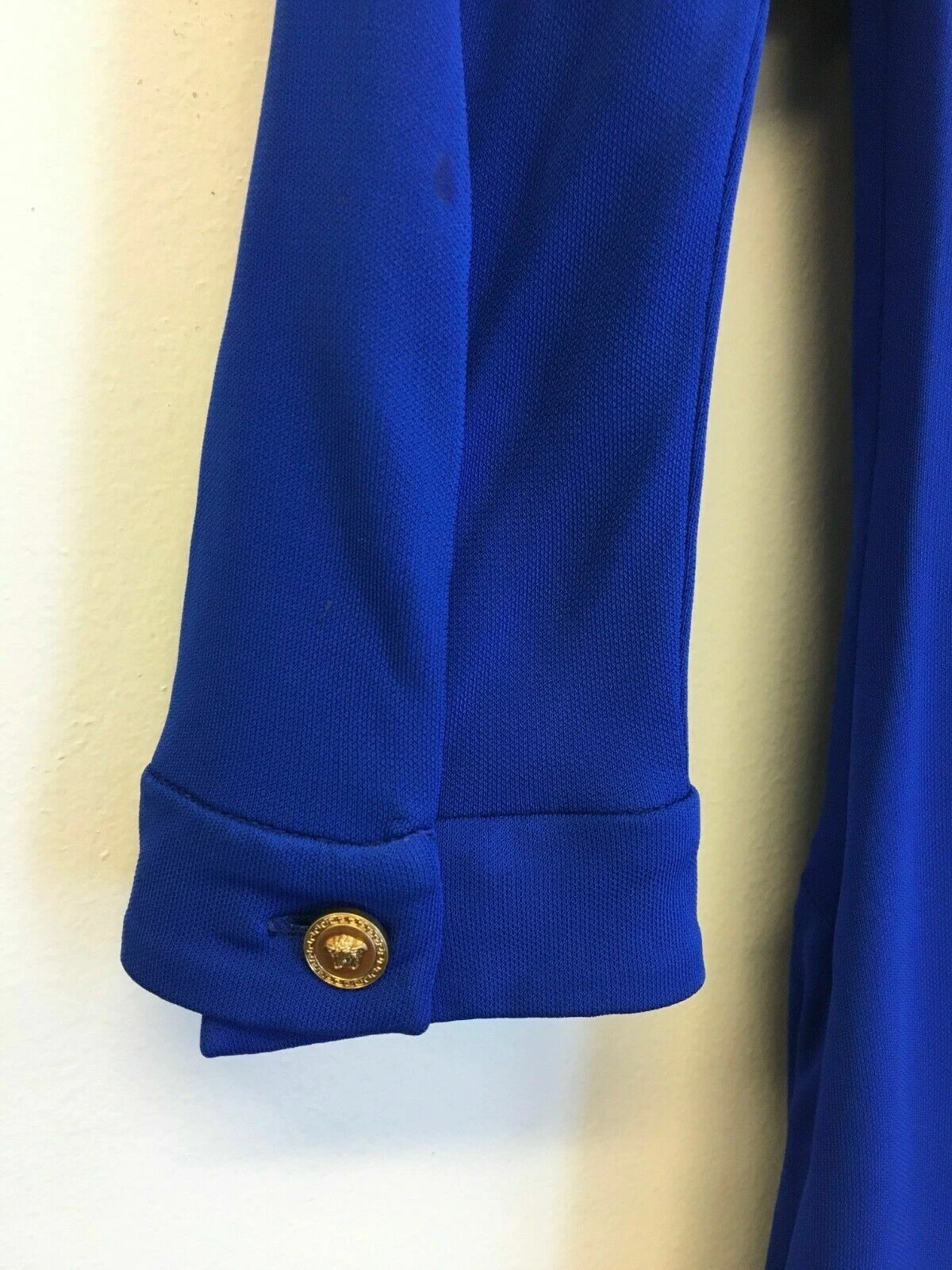 Abito VERSACE Prima Linea Blu Twist Drappeggiato LOGO BOTTONE Manica 3 4 Elasticizzato Taglia52