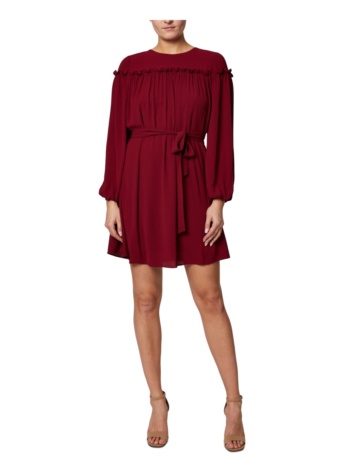 LAUNDRY Womens Maroon Self Tie Belt Closure Balloon Sleeve Short Dress 14
