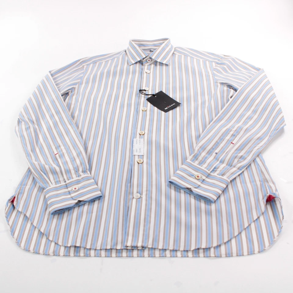 Camicia elegante Kiton nuova con etichetta taglia 15,75 40 blu a righe 100% cotone - Immagine 3 di 4