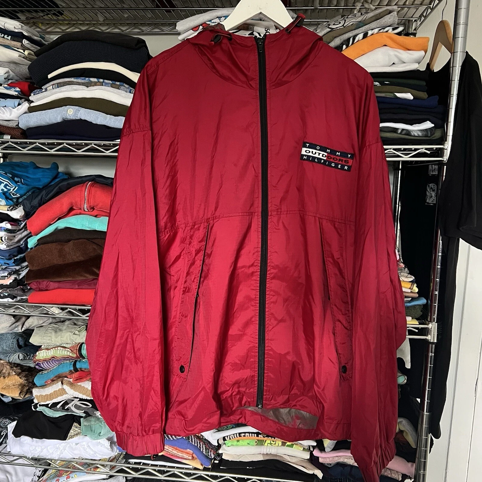 VTG 90s Tommy Hilfiger Outdoors Packable Windbreaker Jacket Red XL Travel Bag