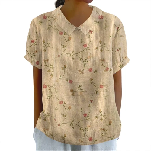 Damen Puppenkragen Hemd Baumwolle Leinen Blumenmuster Peter Pan Kragen Ärmel Shirts - Bild 44 von 56