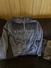 Bebe Sport Blue Dusk Logo Plush Velvet Crop Hoodie Womens Size Medium