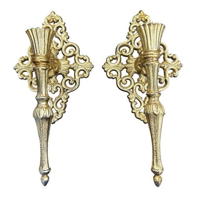 Vintage Brass Wall Sconces Gold Style Candle Holders Pair Antique Style Decor