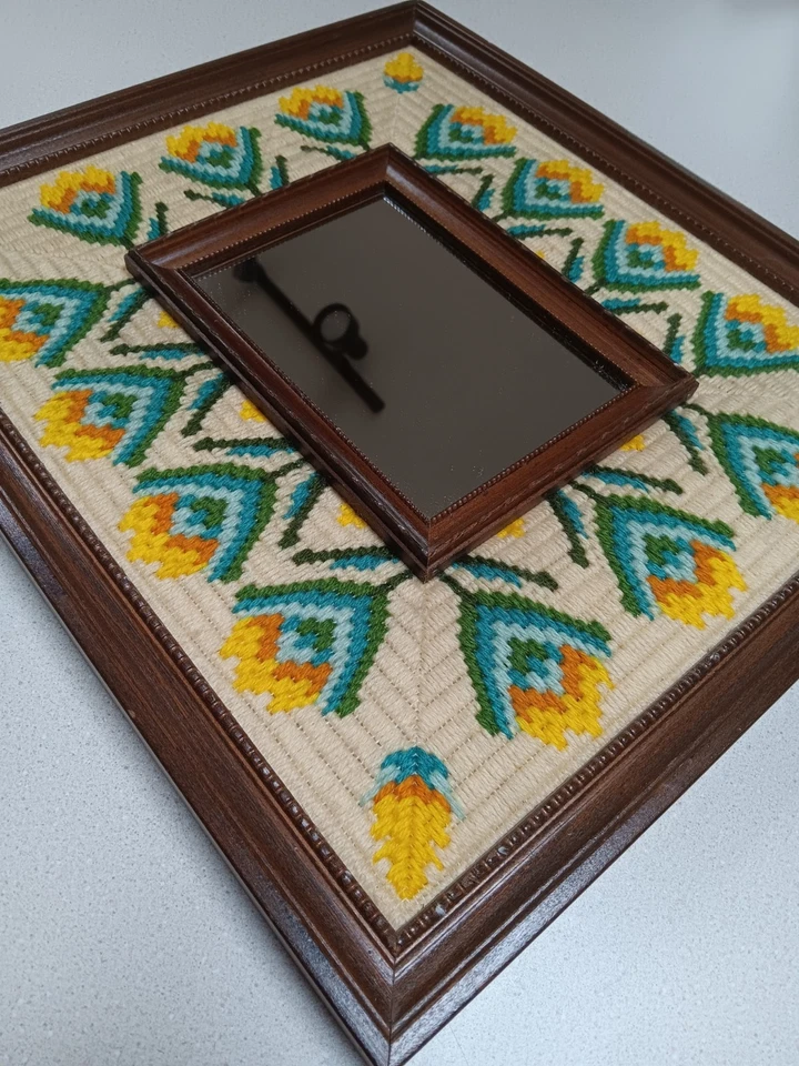 Vintage Floral Tulip Needlepoint Border Mirror Folk Art Cottagecore READ - Image 3 of 4