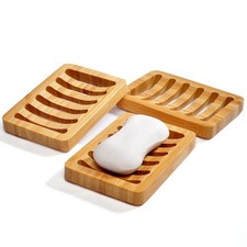 3 Pack Bamboo Wood Soap Dish Bar Soap Holder with Self Draining Tray Natural ...