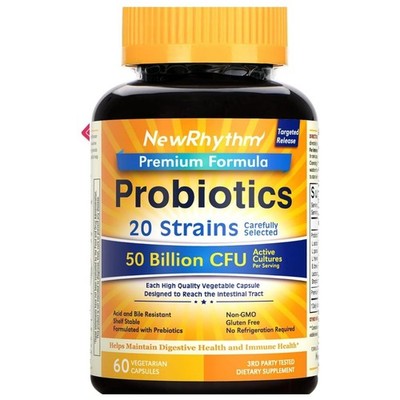 NewRhythm Probiotics 50 Billion CFU 20 Strains, 60 Veggie Capsules, Targeted 