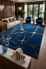 Luxury Blue Gold Abstract Hand Tufted Wool Rug, Modern Area Rug, Handmade Carpet