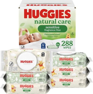  Natural Care Sensitive Baby Wipes, Unscented, Hypoallergenic, 6 Flip-Top Packs 