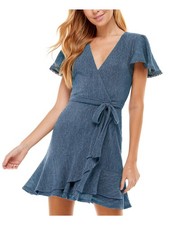 CITY STUDIO Womens Short Dress Blue Back Belted Pom-pom Trim Juniors 15