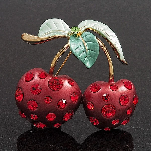 Large Diamante Enamel 'Double Cherry' Brooch In Gold Plated Metal - 5cm Length