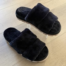 Womens Black Two Band Fluffy House Slippers Size 10 EUR 42 Slip Ons Faux Fur