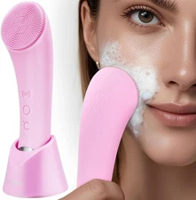 Facial Cleansing Brush, Rechargeable Silicone Face Scrubber with Heat Massage En
