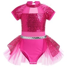 Girls Shiny Sequins Ballet Dance Leotard Kids Mock Neck Short Sleeve Feather ...