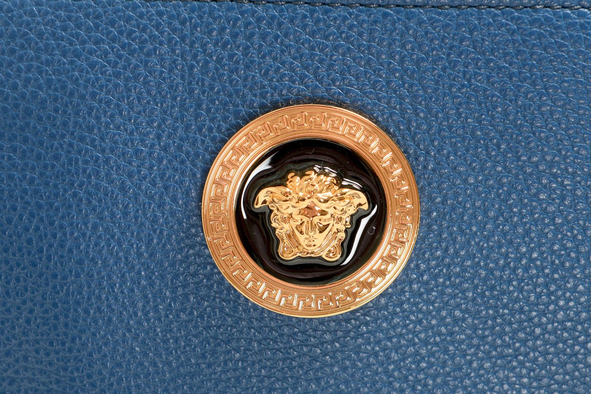 Versace Unisex Blue Gold Medusa Grained Leather Crossbody