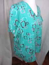 Size L Turquoise geometric scrub top by SB Scrubs real life measurements below