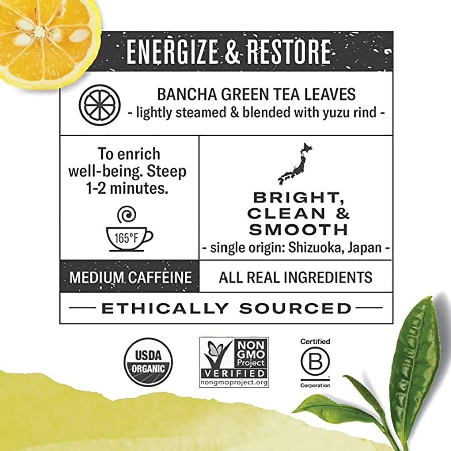 Numi Organic Tea - Yuzu Bancha Green Tea (16 Tea Bags, 1.02 oz)
