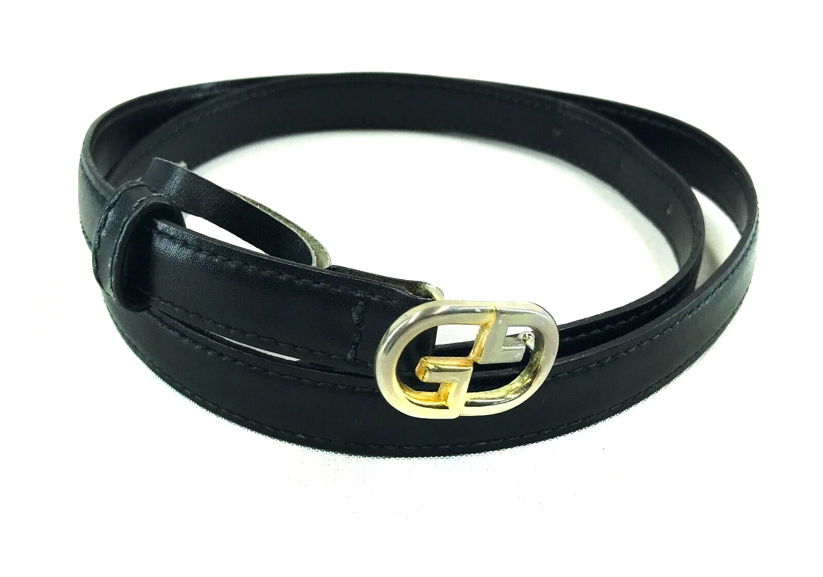Ceinture cuir vintage Gucci noir nickel or boucle GG ceinture maigre Italie taille 75/30