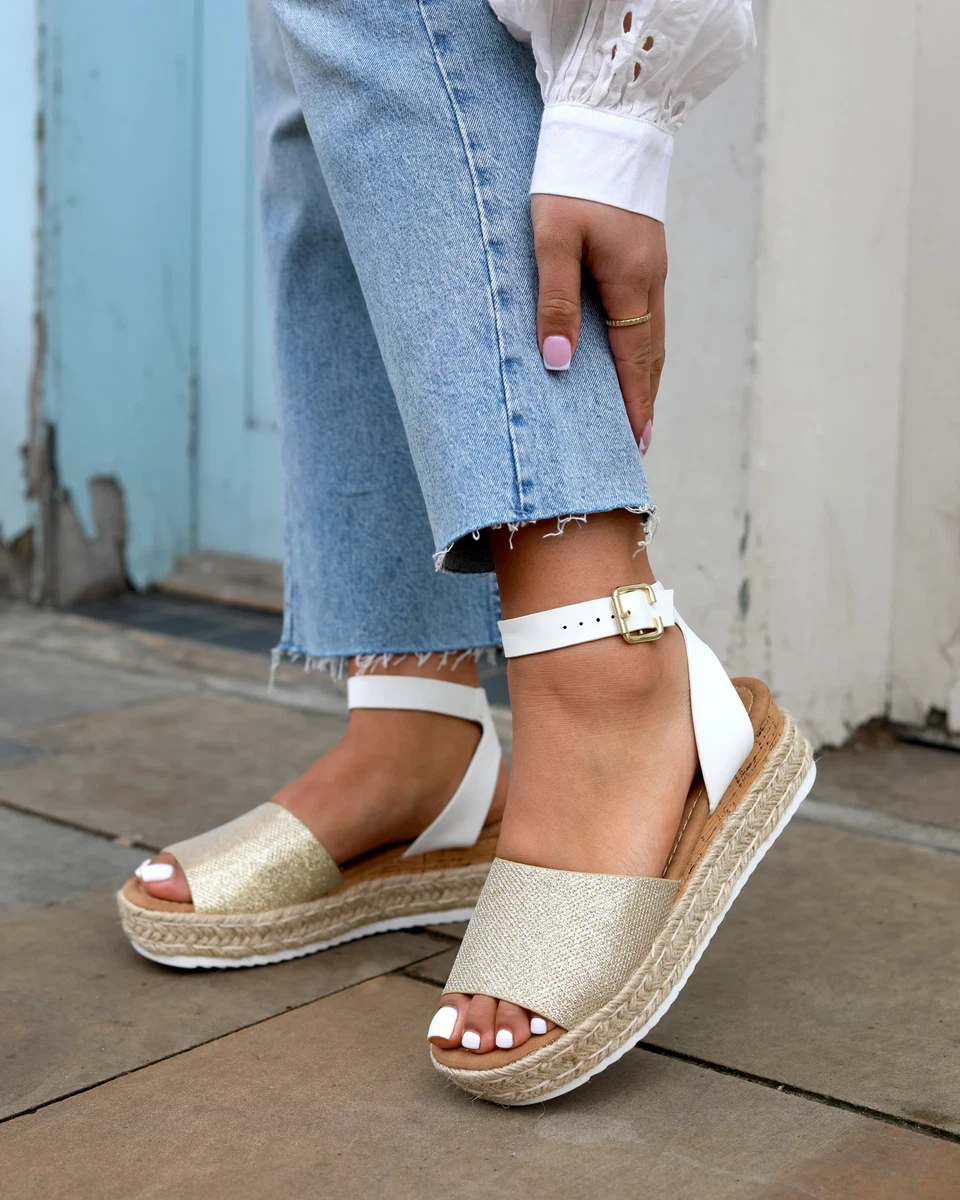 Linzi Shoes Natini Gold Glitter Faux Leather Two Part Espadrille