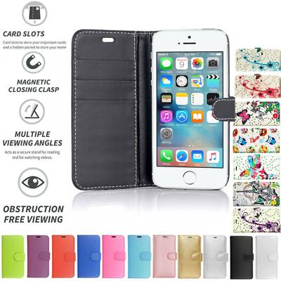 Für Apple iPhone 5/5G/5S/SE Flip Case Cover Folio Buch Geldbörse Leder