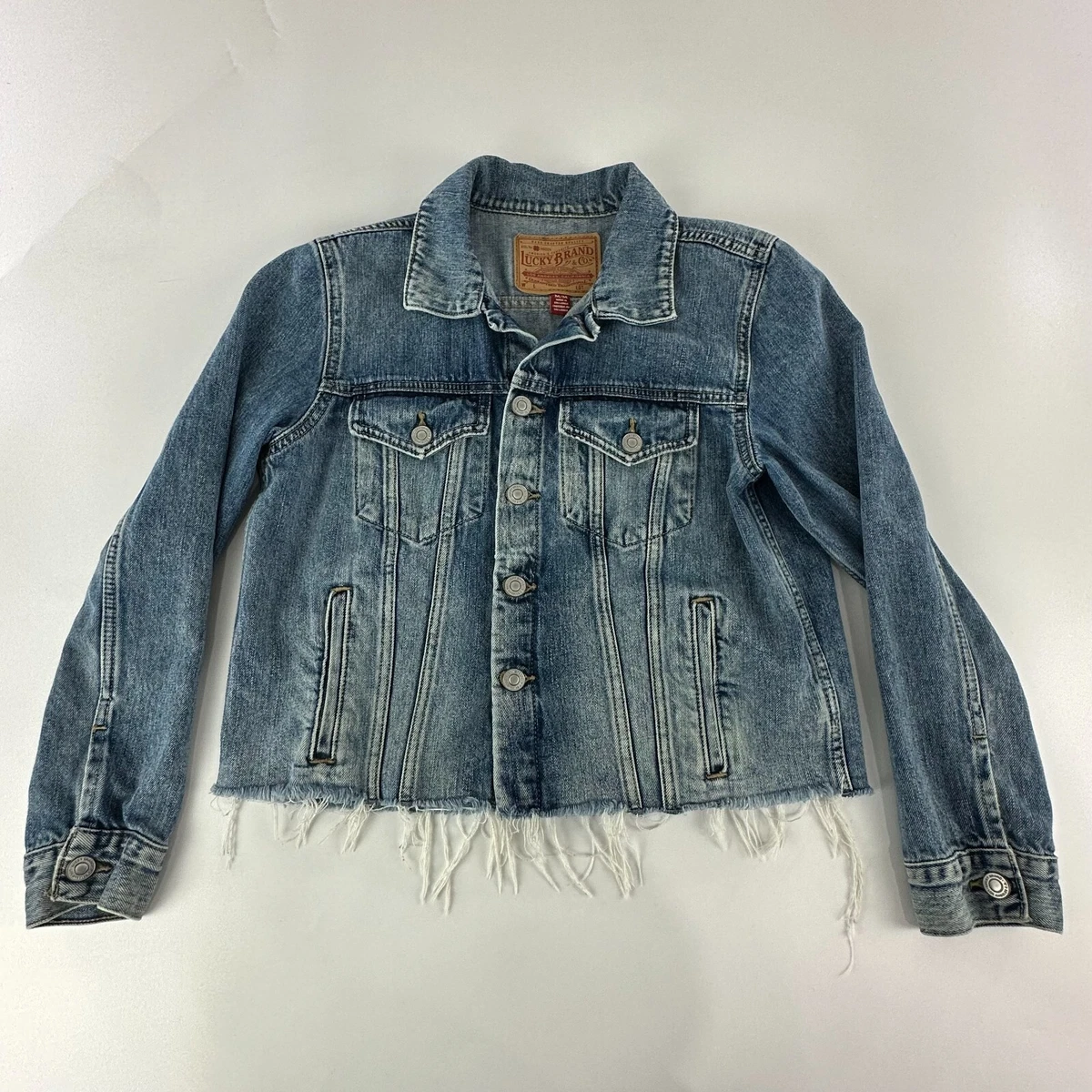 Lucky Brand Jean Denim Jacket Women’s Med Cropped Cut Off Frayed Tomboy  Trucker