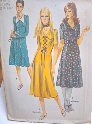 Dress Corset Tie Collared 9 10 Jr Simplicity 9331 Sewing Pattern UC VTG 70s Midi