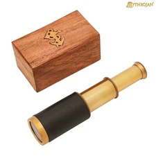 Nautical Brass Mini Telescope with Wooden Box Spyglass Pocket Pirate Gift