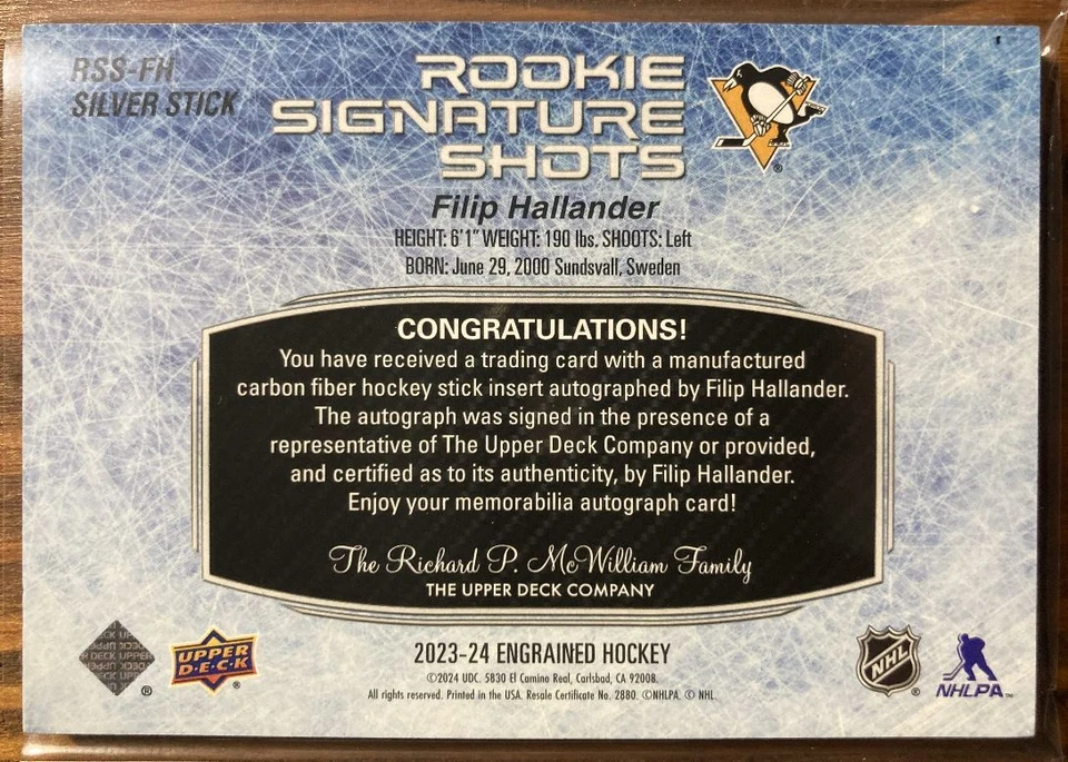 2023-24 Upper Deck Engrained Rookie Signature Shots #RSS-FH Filip Hallander RC - Image 2 of 2
